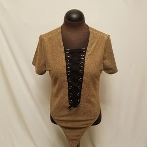 loveJ Lurex Lace Up Short Sleeve Copper Bodysuit L
